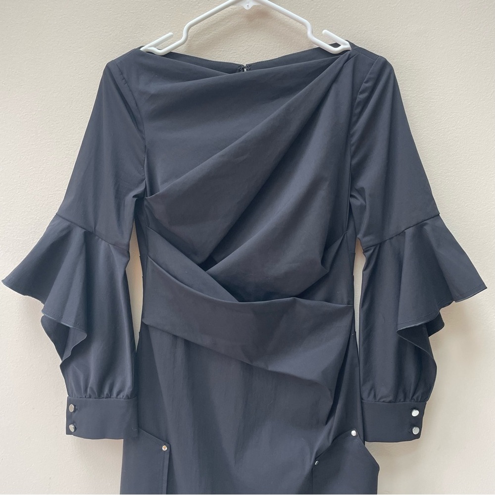 Talbot Runhof Black Cotton Blend Long Peekaboo Sleeve Dress Size 6 - Picture 2 of 11